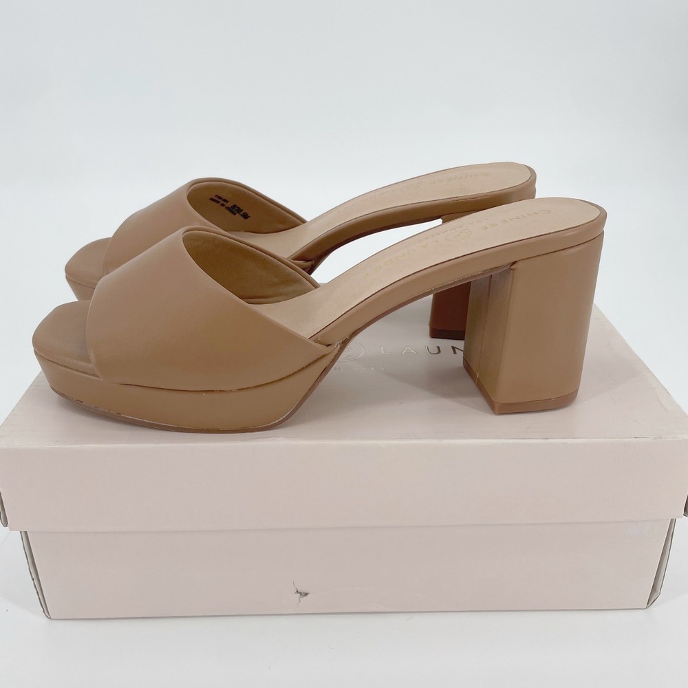NIB Chinese Laundry Mule Sandals Womens 8 Tan Faux Leather Block‎ Heel Platform